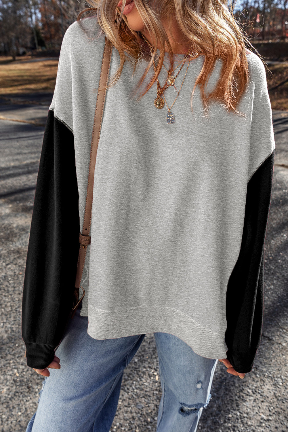 Gray Two Tone Patchwork Drop Shoulder Pullover Sweatshirt-Chaelisa's New Jammies