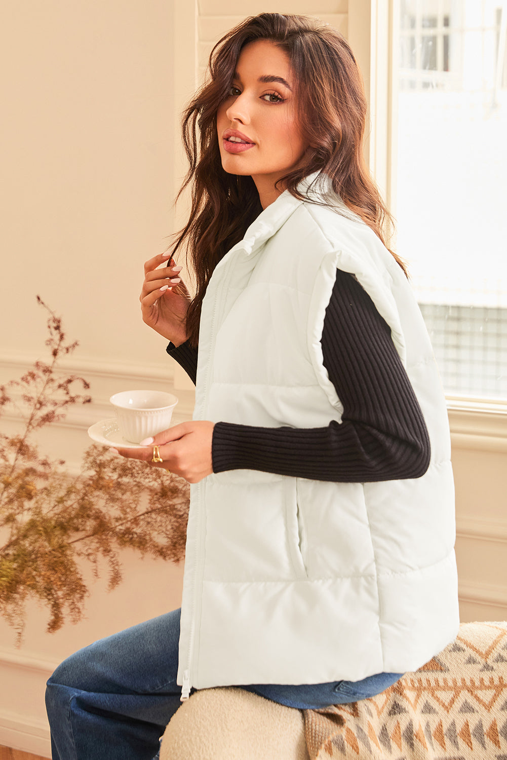 Beige Zipper Stand Neck Oversized Puffer Vest-Chaelisa's New Jammies