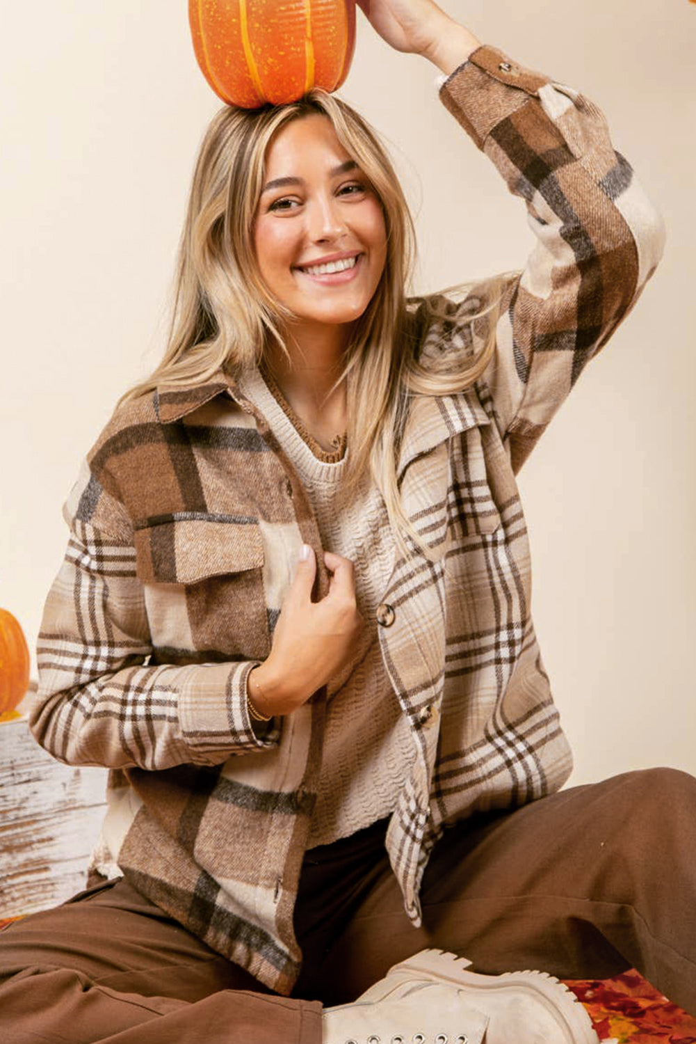 Light French Beige Flannel Plaid Double Flap Pocket Shacket-Chaelisa's New Jammies