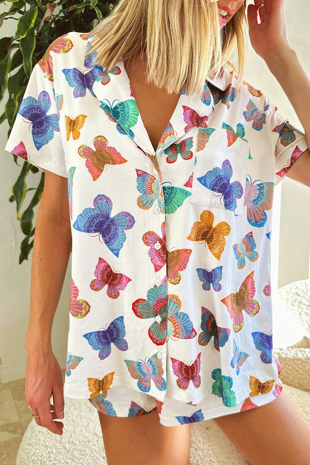 Multicolour Butterfly Pattern Short Sleeve Shirt Pajamas Set-Chaelisa's New Jammies