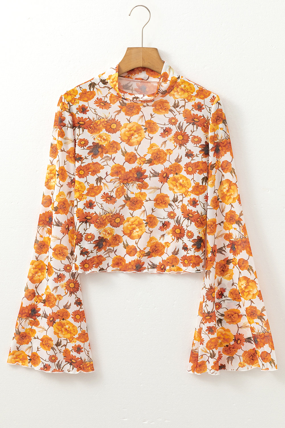 Orange Floral Printed Bell Sleeve Mock Neck Scallop Trim Blouse-Chaelisa's New Jammies