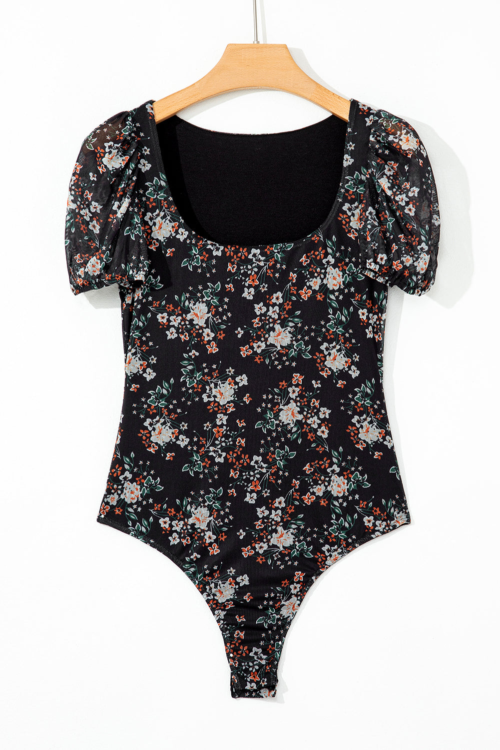 Black Floral Print U Neck Short Puff Sleeve Bodysuit-Chaelisa's New Jammies
