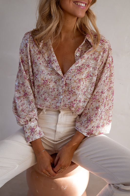 Pink Floral Print Bishop Sleeve Collared V Neck Shirt-Chaelisa's New Jammies