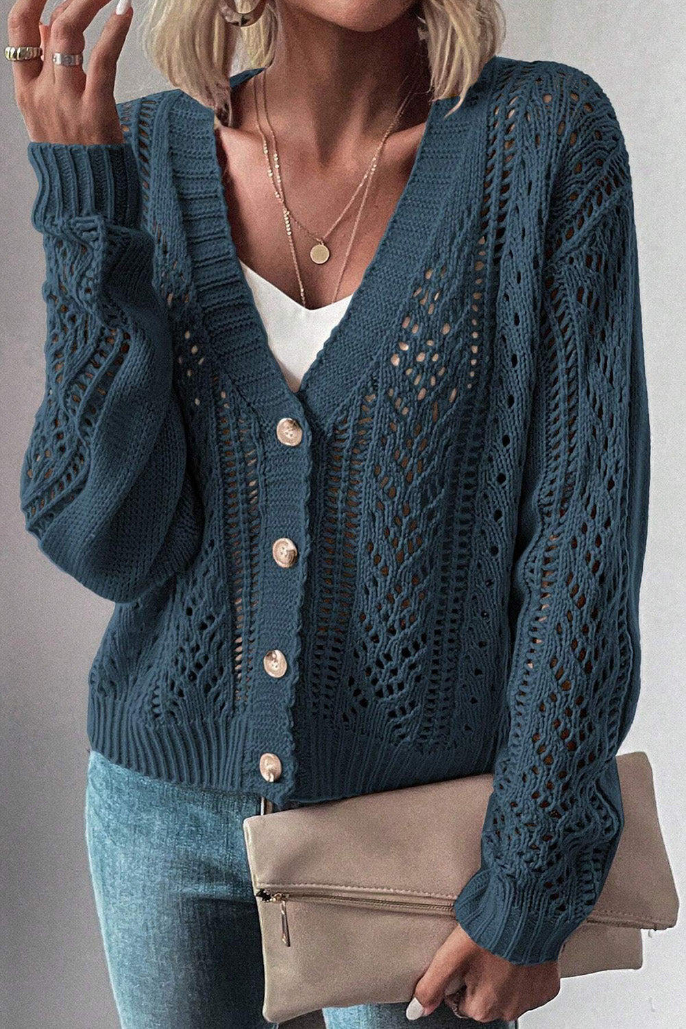 Real Teal Open Knit Drop Shoulder Sweater Cardigan-Chaelisa's New Jammies