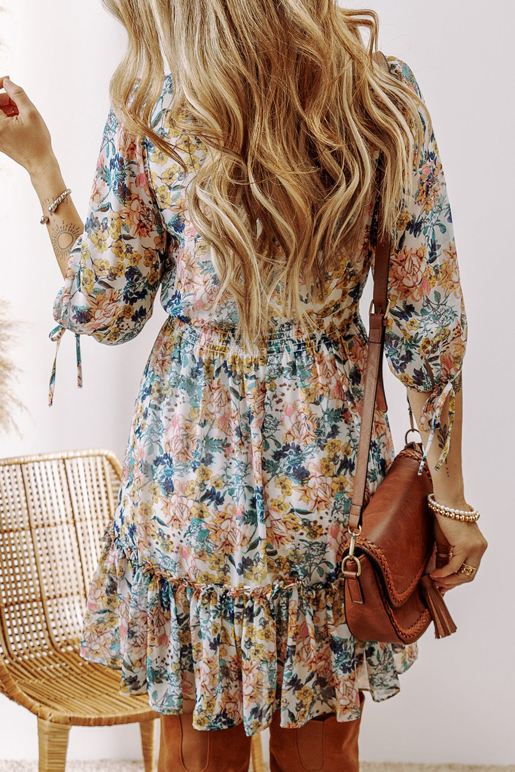 Sky Blue Floral 3/4 Sleeve V Neck High Waist Ruffled Dress-Chaelisa's New Jammies