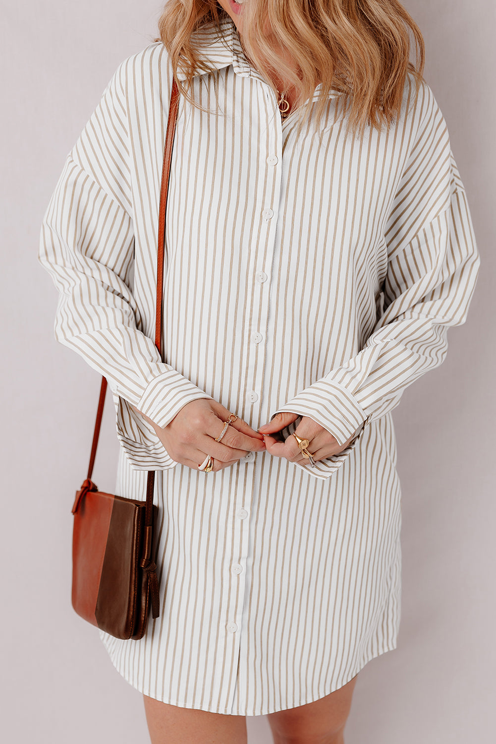 Khaki Stripe Long Sleeve Button Up Mini Shirt Dress-Chaelisa's New Jammies