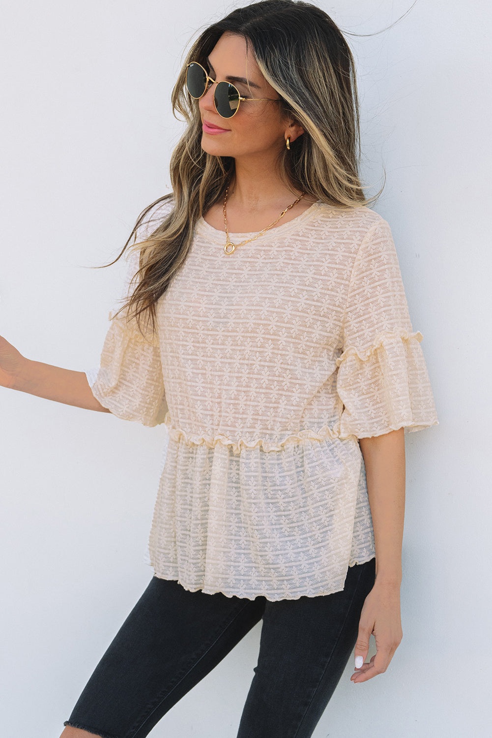 Beige Solid Color Textured Ruffled Short Sleeve Blouse-Chaelisa's New Jammies