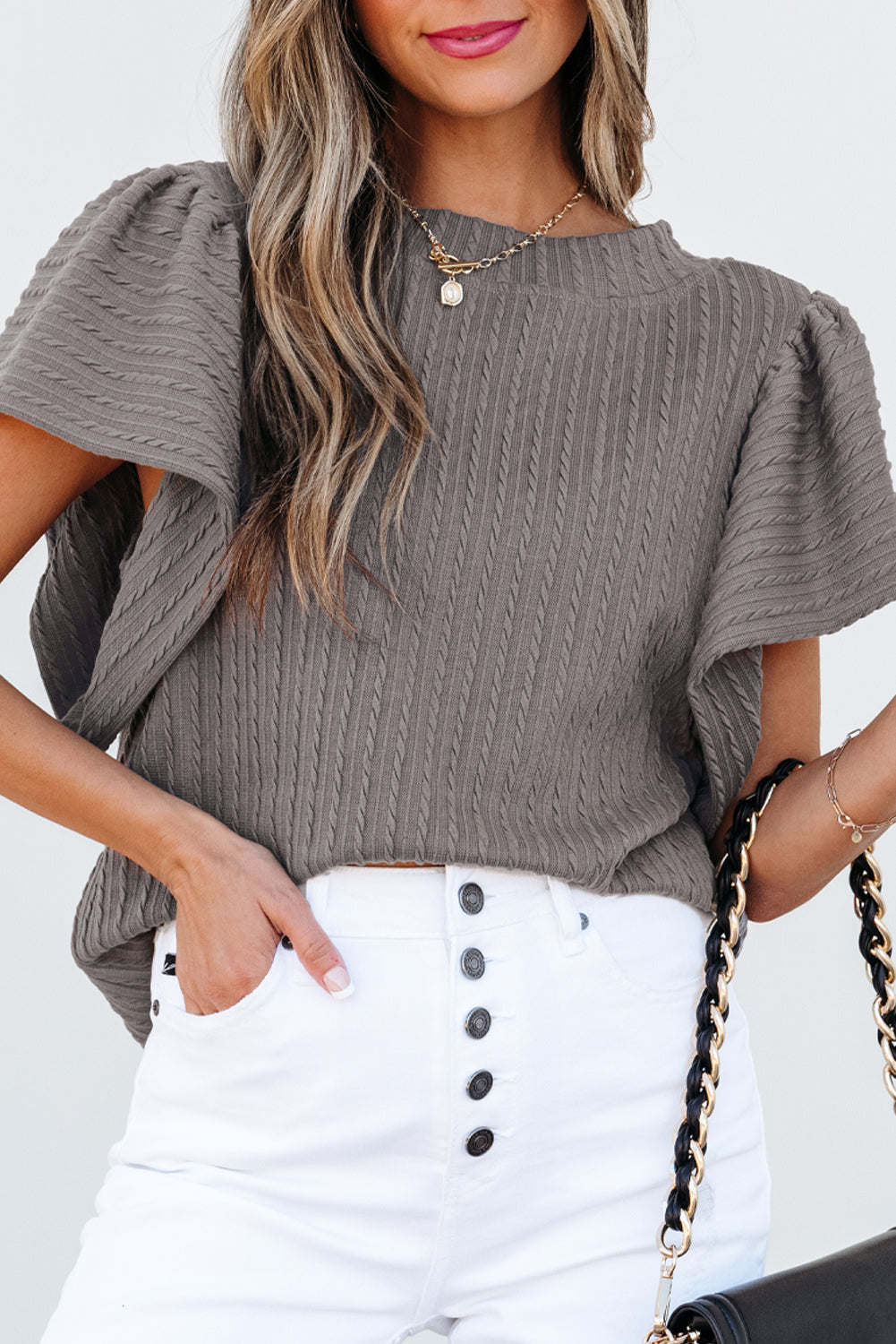 Sleet Solid Color Textured Flutter Sleeve Top-Chaelisa's New Jammies