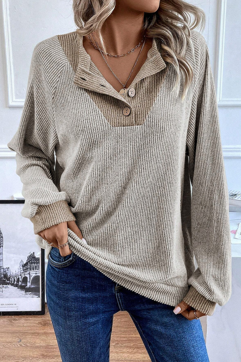Jet Stream Color Contrast Ribbed Loose Fit Long Sleeve Top-Chaelisa's New Jammies