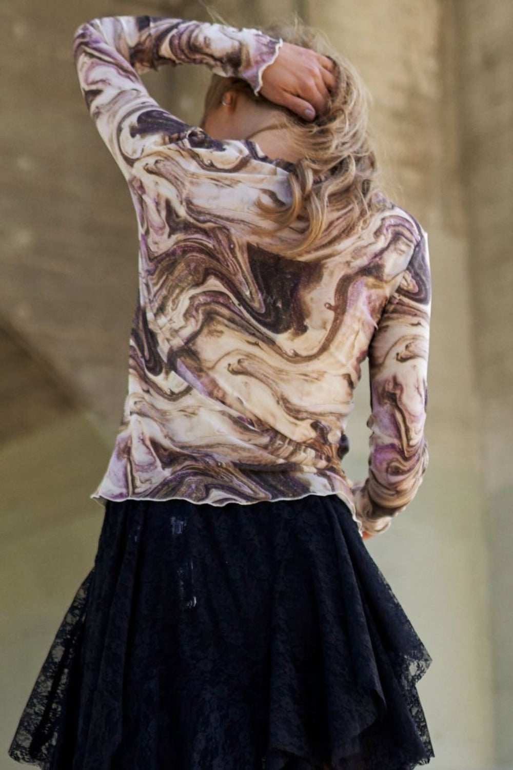 J.NNA Marble Design Long Sleeve Mesh Top-Chaelisa's New Jammies