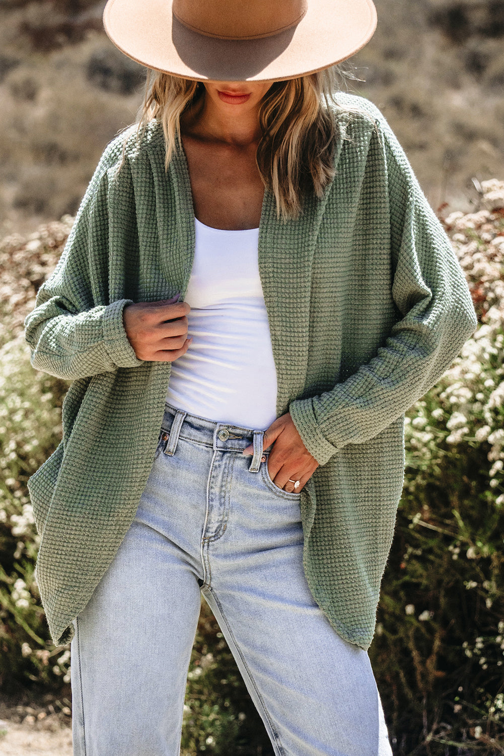 Laurel Green Waffle Knit Open Front Cardigan-Chaelisa's New Jammies