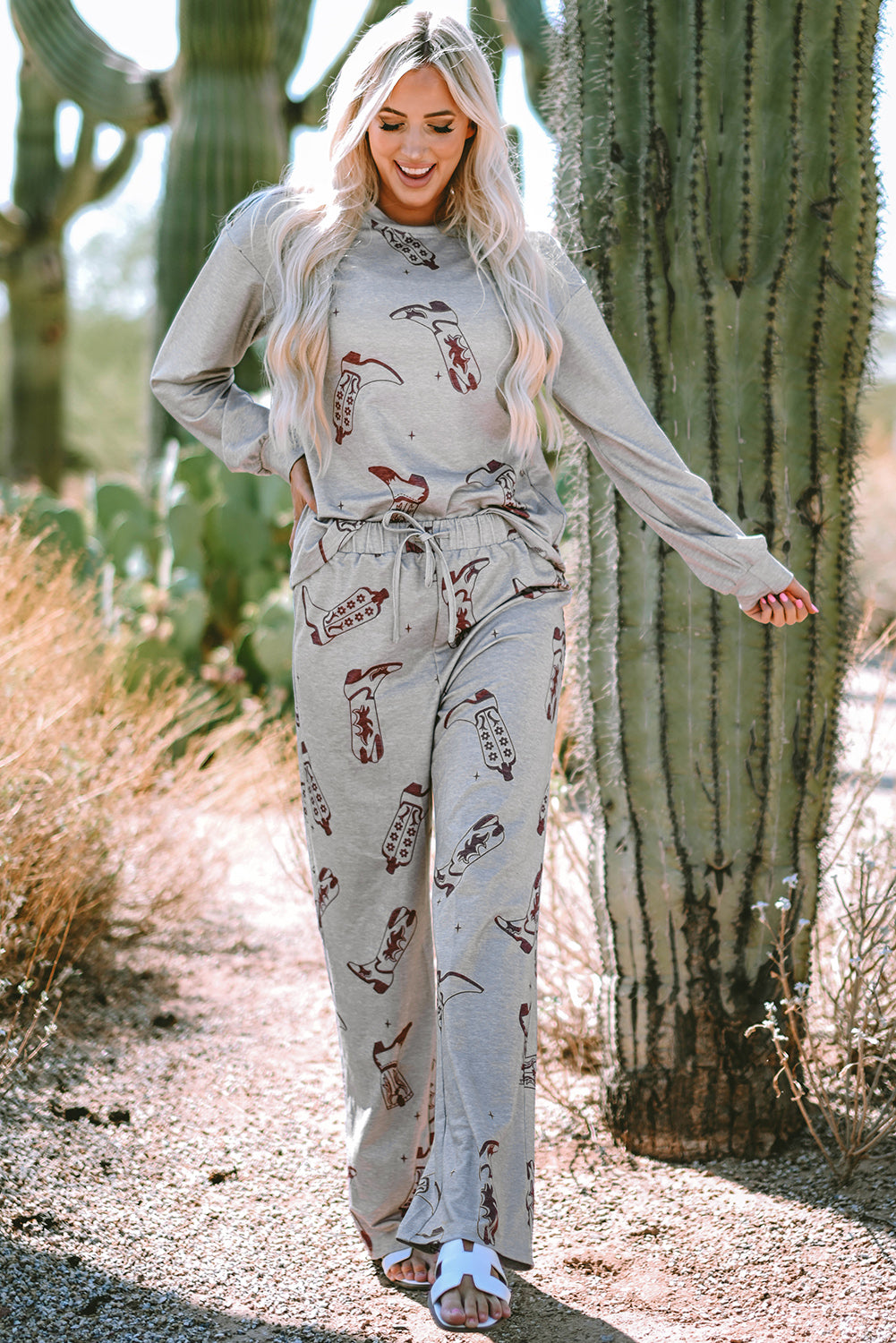Gray Cowgirl Boots Printed Long Sleeve Top Pants Lounge Set-Chaelisa's New Jammies