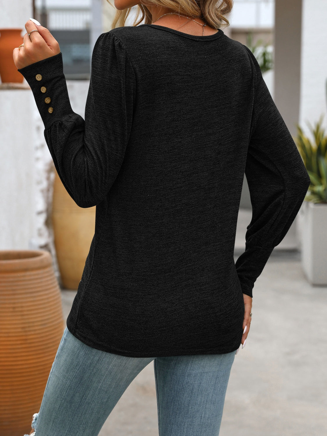Decorative Button Round Neck Long Sleeve T-Shirt-Chaelisa's New Jammies