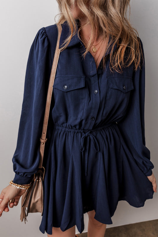 Navy Blue Solid Chest Pockets Tunic Shirt Mini Dress-Chaelisa's New Jammies
