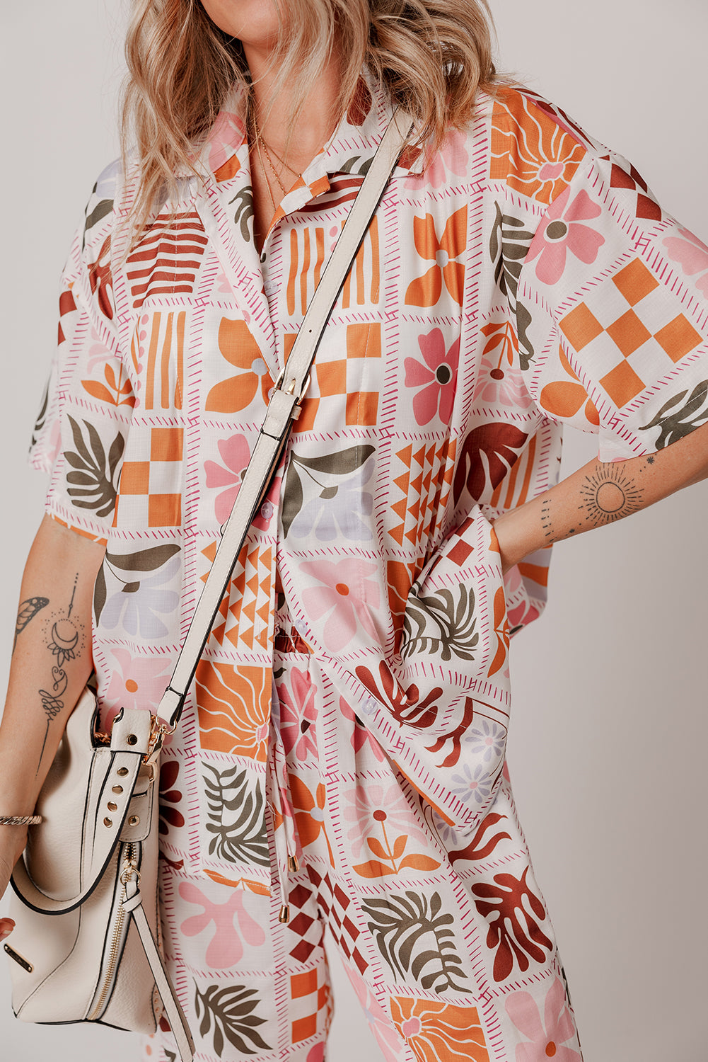 Orange Plant Checkered Print Collared Shirt and Wide Leg Pants Set-Chaelisa's New Jammies