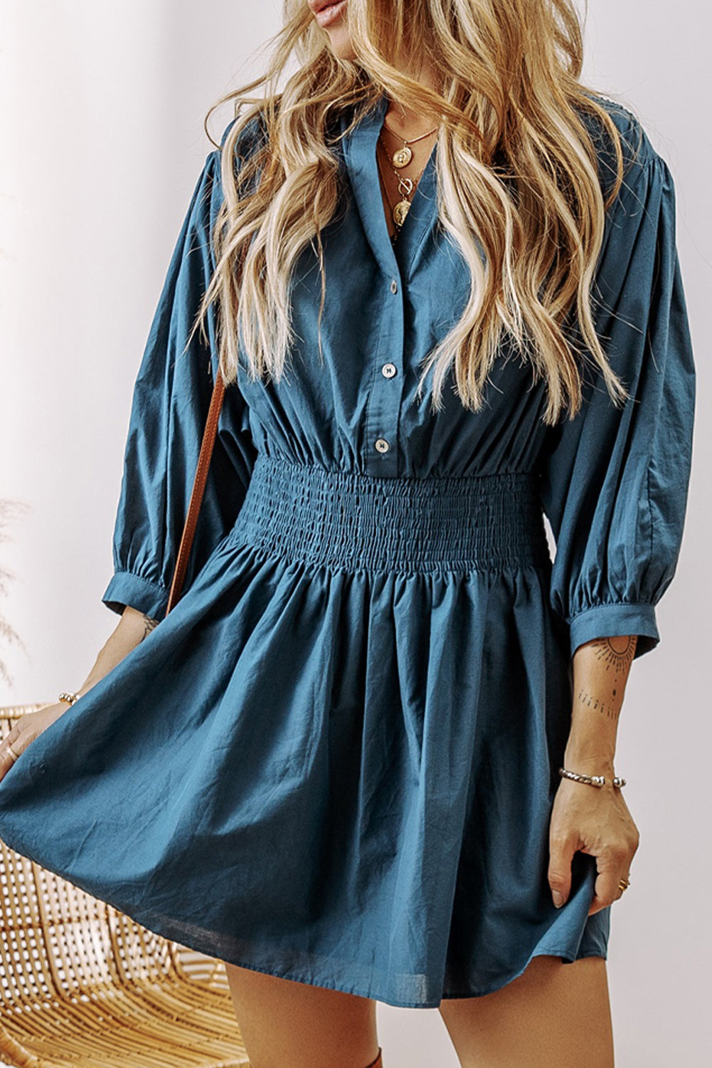 Prussian Blue 3/4 Sleeve Shirred High Waist Buttoned Mini Dress-Chaelisa's New Jammies