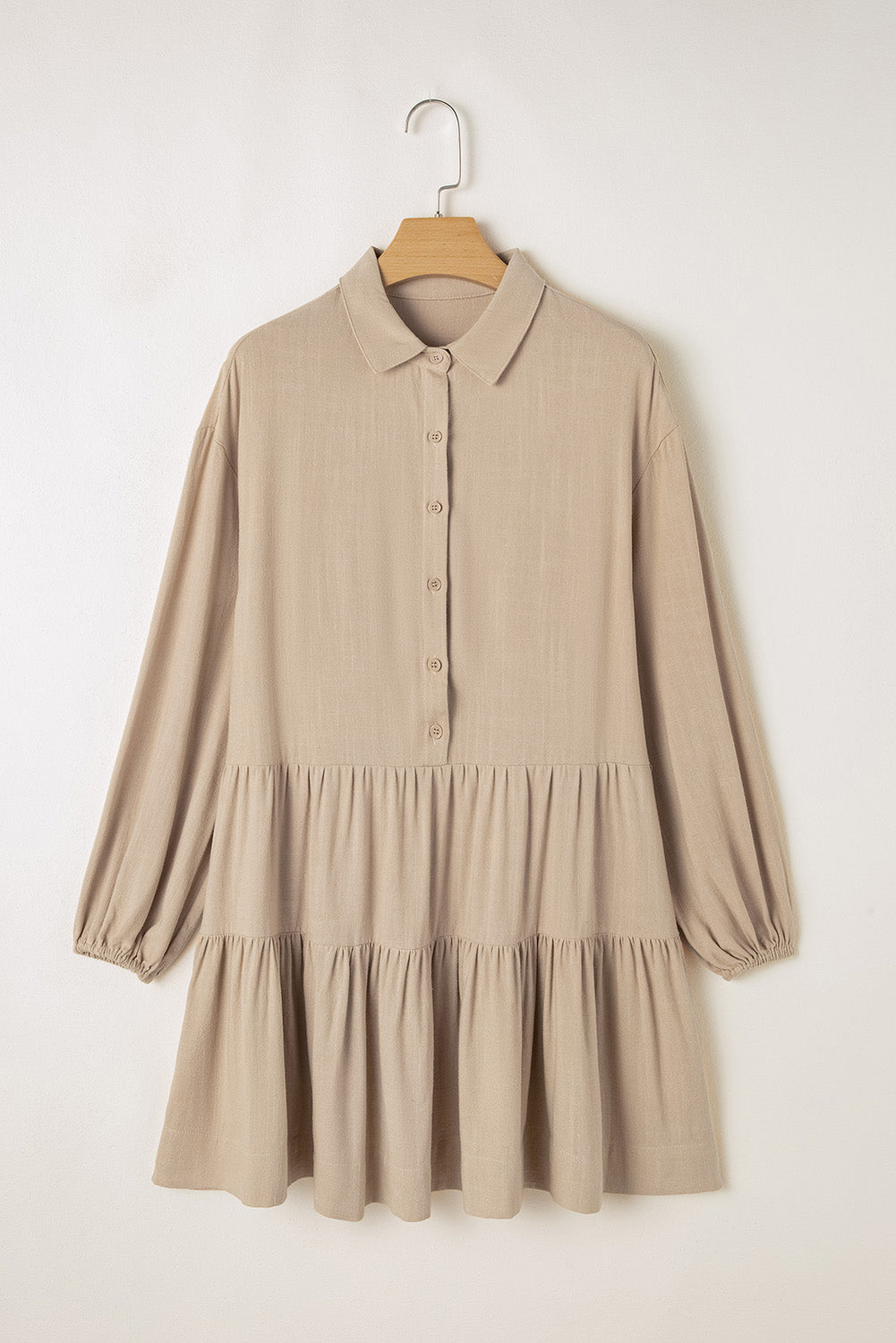 Tan Puff Sleeve Buttoned Tiered Pleated Shirt Mini Dress-Chaelisa's New Jammies