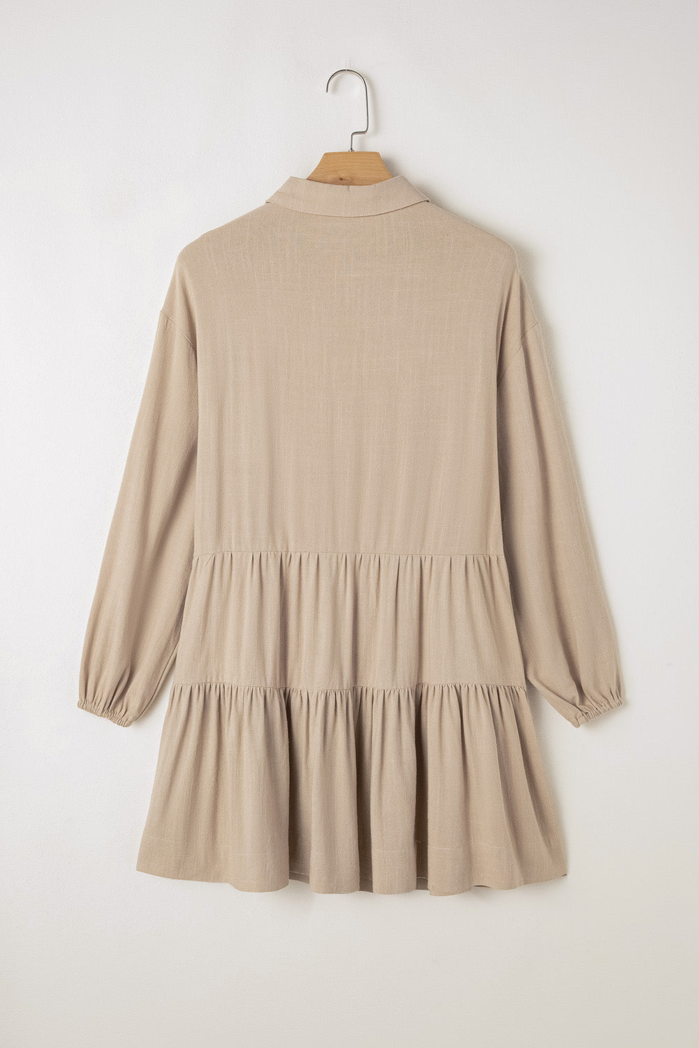 Tan Puff Sleeve Buttoned Tiered Pleated Shirt Mini Dress-Chaelisa's New Jammies