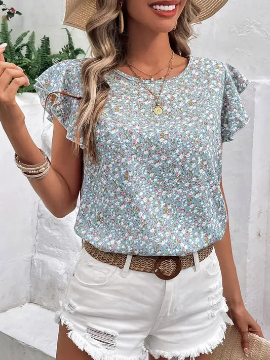Ditsy Floral Round Neck Cap Sleeve Top-Chaelisa's New Jammies