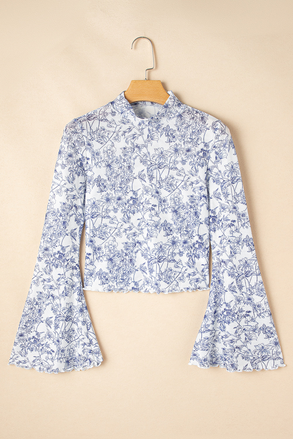 Sky Blue Floral Bell Sleeve Mock Neck Crop Mesh Top-Chaelisa's New Jammies