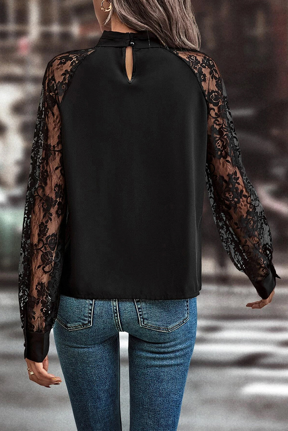 Black Keyhole Neckline Floral Lace Raglan Sleeve Blouse-Chaelisa's New Jammies
