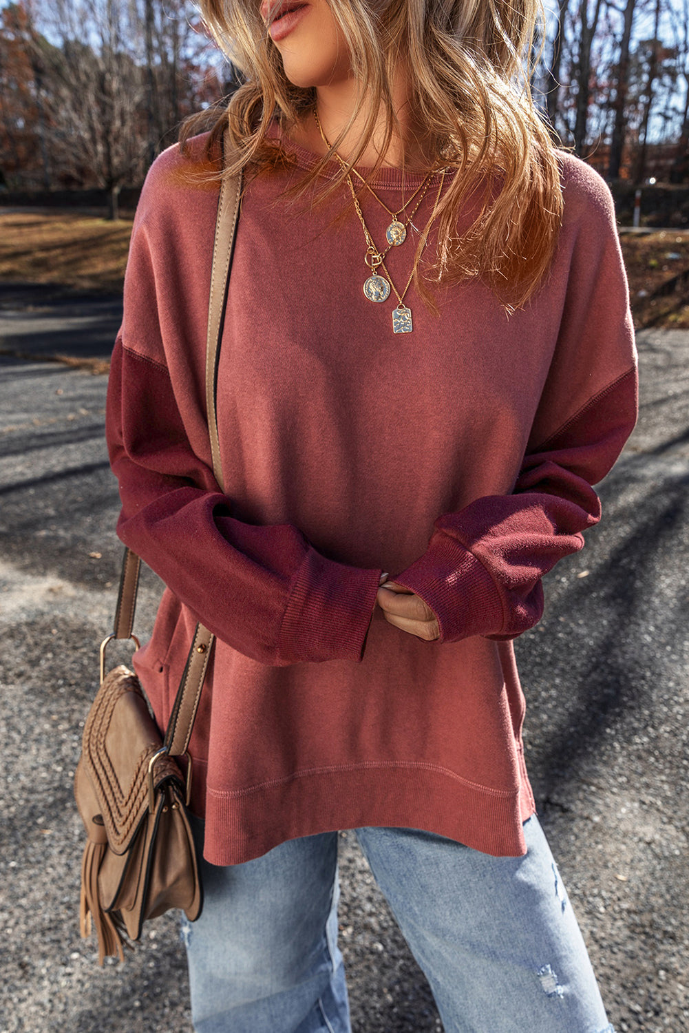 Mineral Red Two Tone Patchwork Drop Shoulder Pullover Sweatshirt-Chaelisa's New Jammies