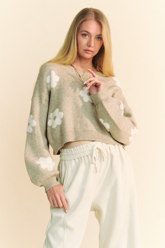 Davi & Dani Floral Drop Shoulder Cropped Sweater-Chaelisa's New Jammies
