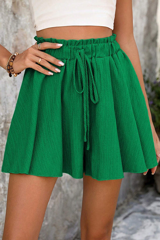 Dark Green Textured Frilled Lace-up High Waist Ruffle Wide Leg Shorts-Chaelisa's New Jammies