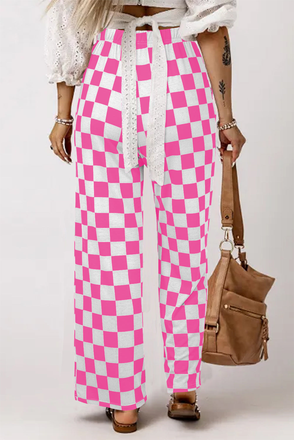 Bonbon 2-Tone Checked Print High Waist Wide Leg Pants-Chaelisa's New Jammies