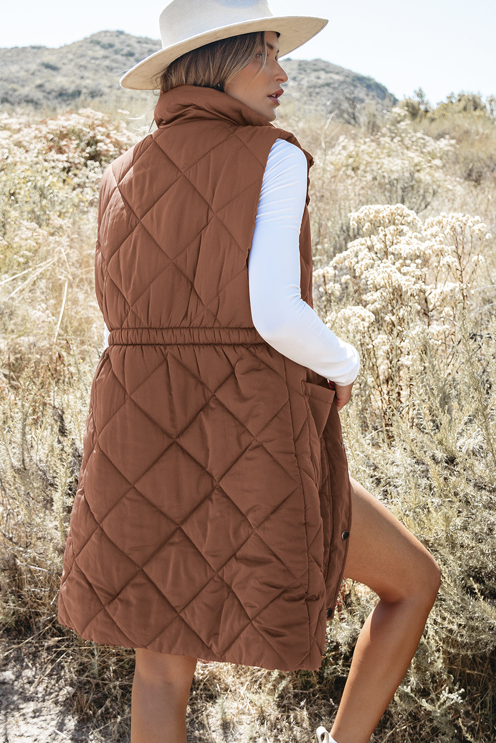Coffee Longline Quilted Stand Collar Puffer Vest-Chaelisa's New Jammies