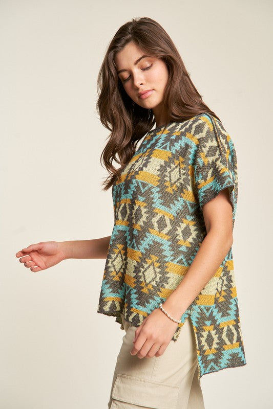 Davi & Dani High-Low Geometric Round Neck Knit Top-Chaelisa's New Jammies