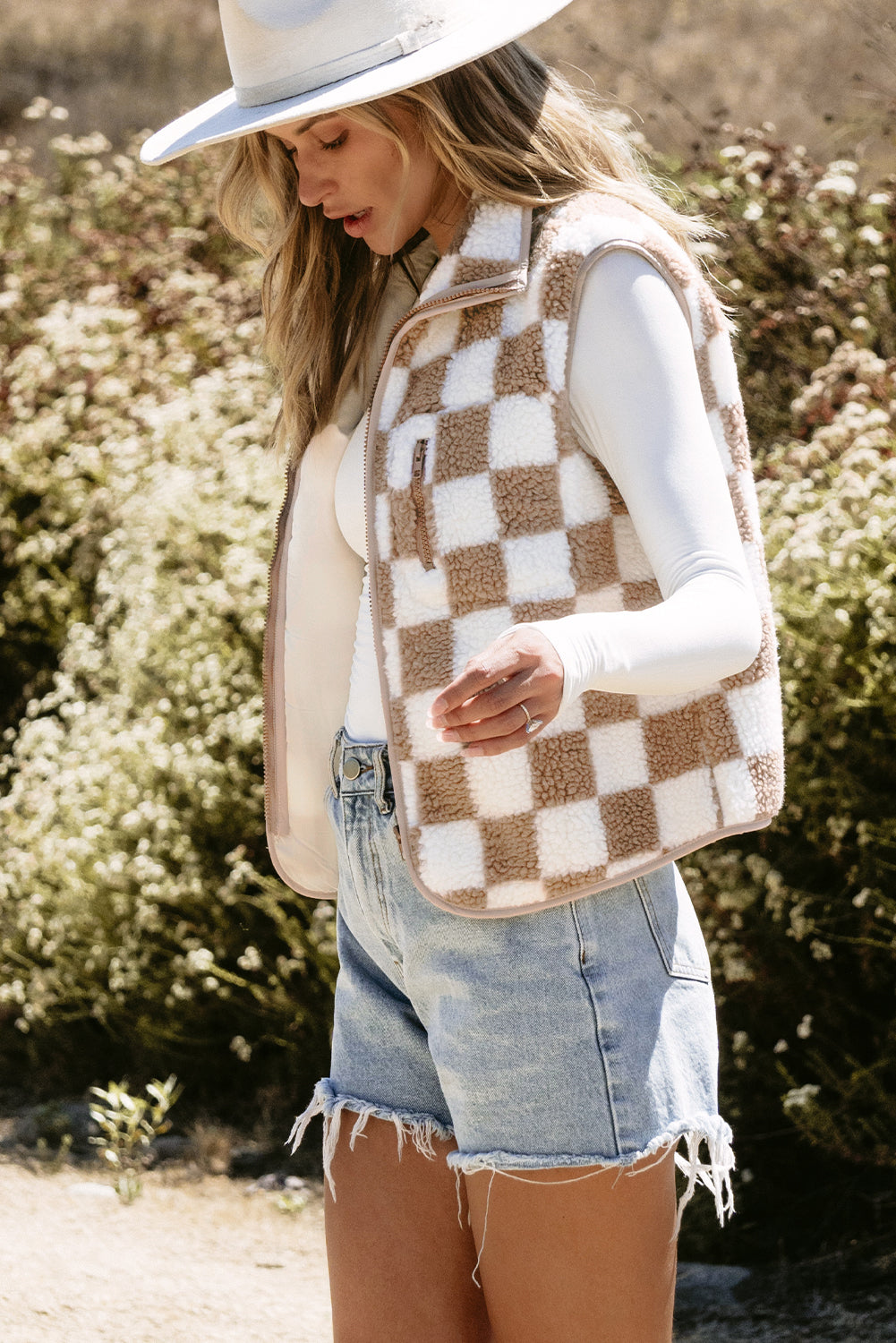 Khaki Checkered Sherpa Collared Jacket Vest-Chaelisa's New Jammies