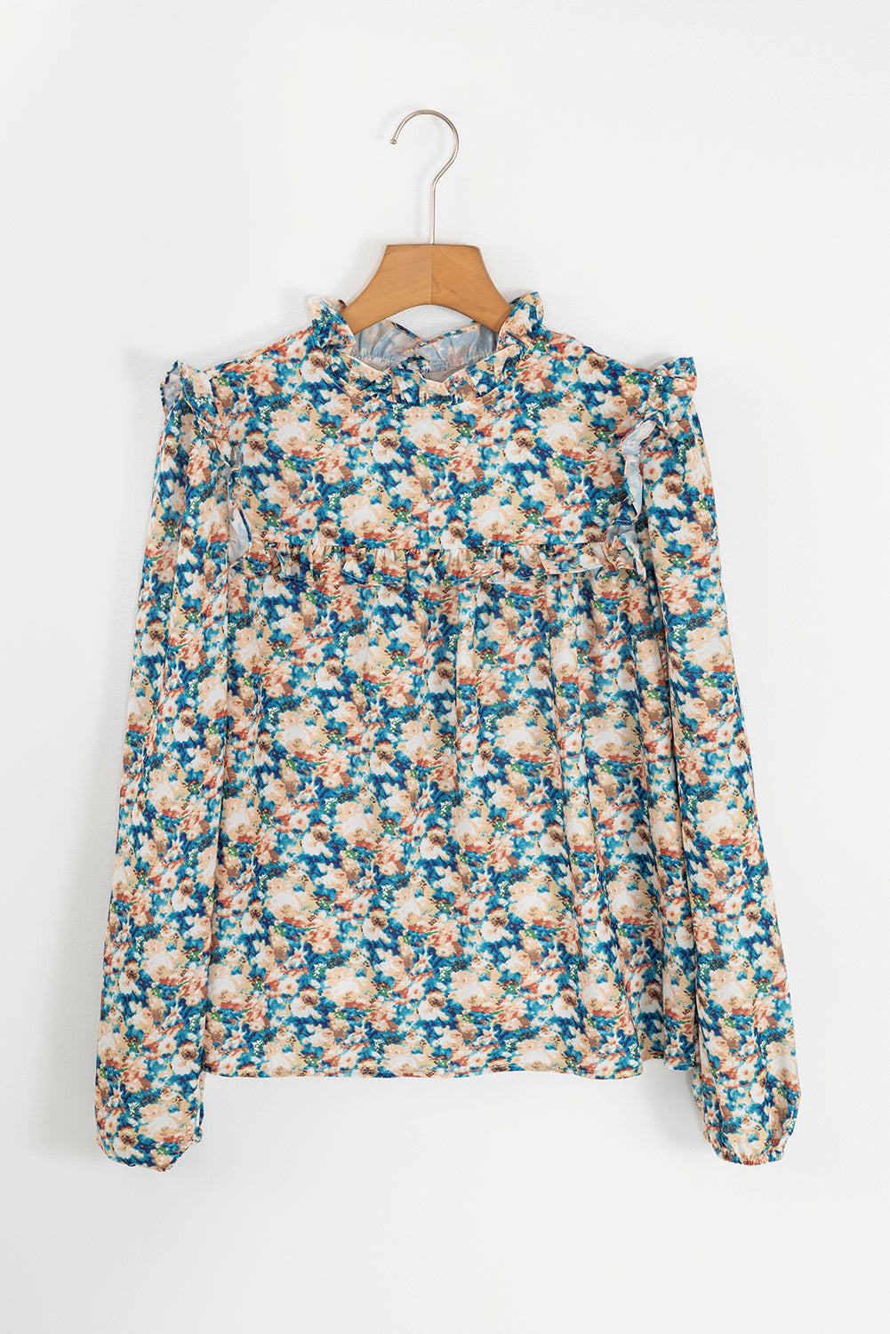 Sky Blue Floral Print Frilled Mock Neck Puff Sleeve Blouse-Chaelisa's New Jammies