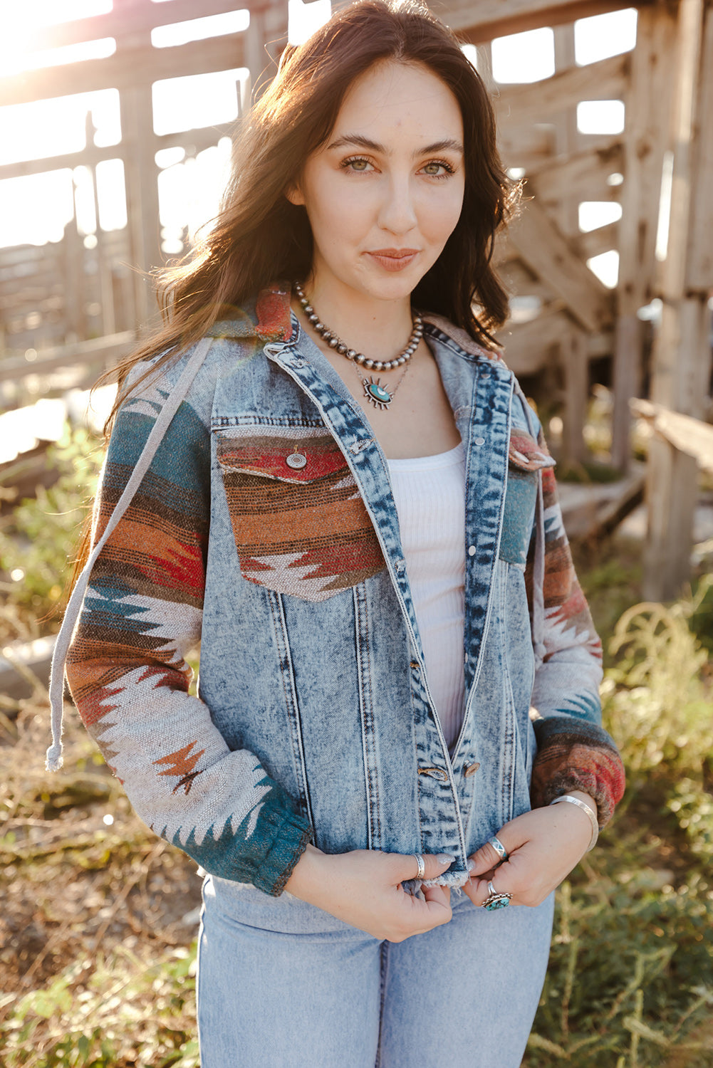 Multicolor Aztec Print Frayed Hem Denim Jacket-Chaelisa's New Jammies