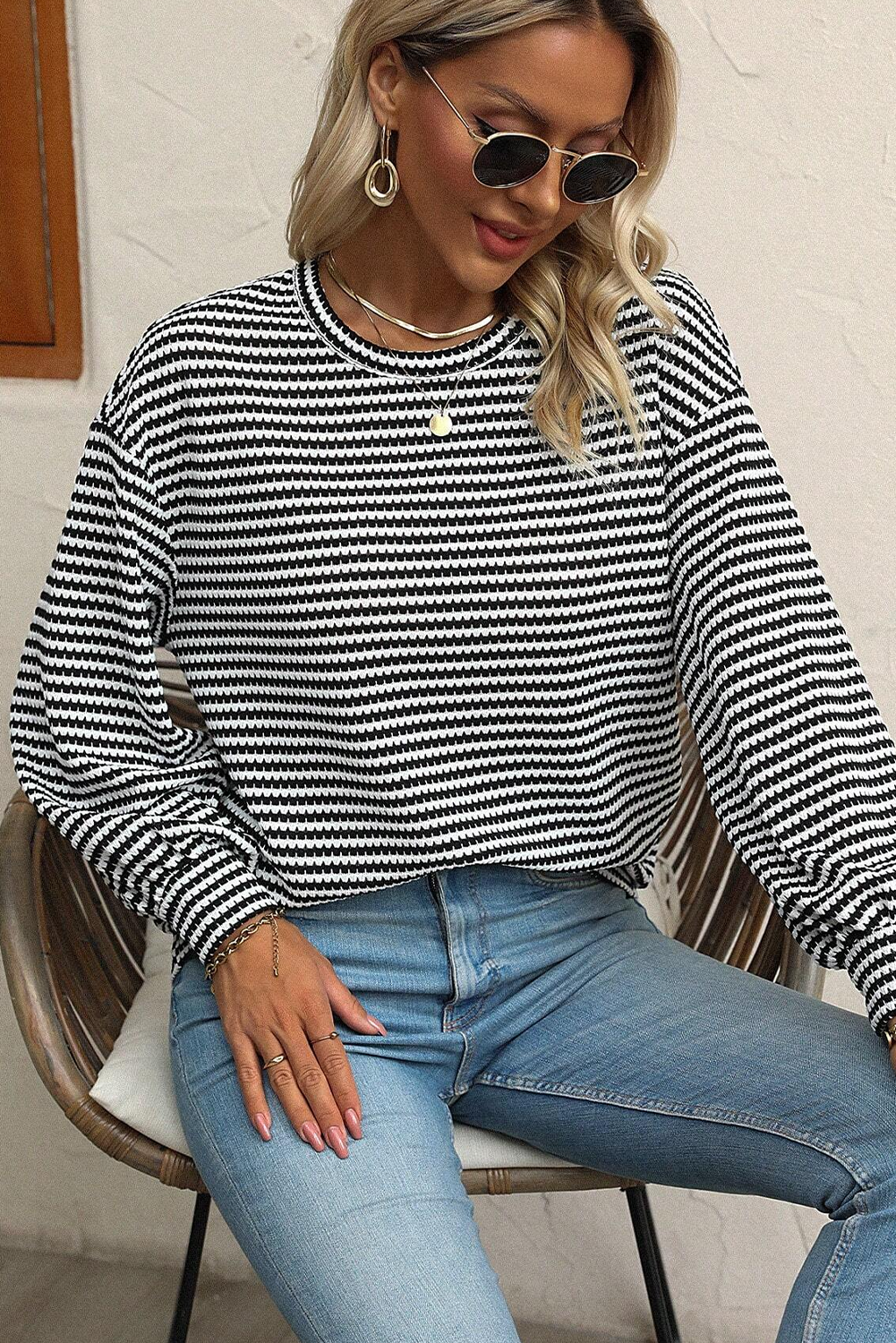 Black Stripe Round Neck Drop Shoulder Long Sleeve Top-Chaelisa's New Jammies