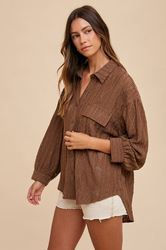 Annie Wear Openwork Button Down Drop Shoulder Shirt-Chaelisa's New Jammies