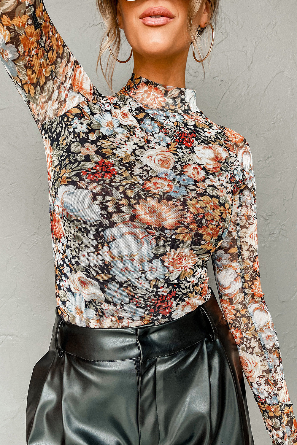 Brown Floral Long Sleeve High Neck Sheath Mesh Blouse-Chaelisa's New Jammies