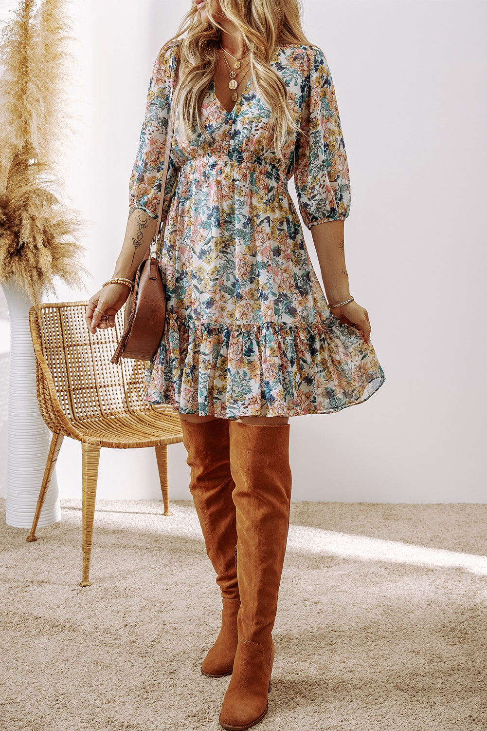 Sky Blue Floral 3/4 Sleeve V Neck High Waist Ruffled Dress-Chaelisa's New Jammies