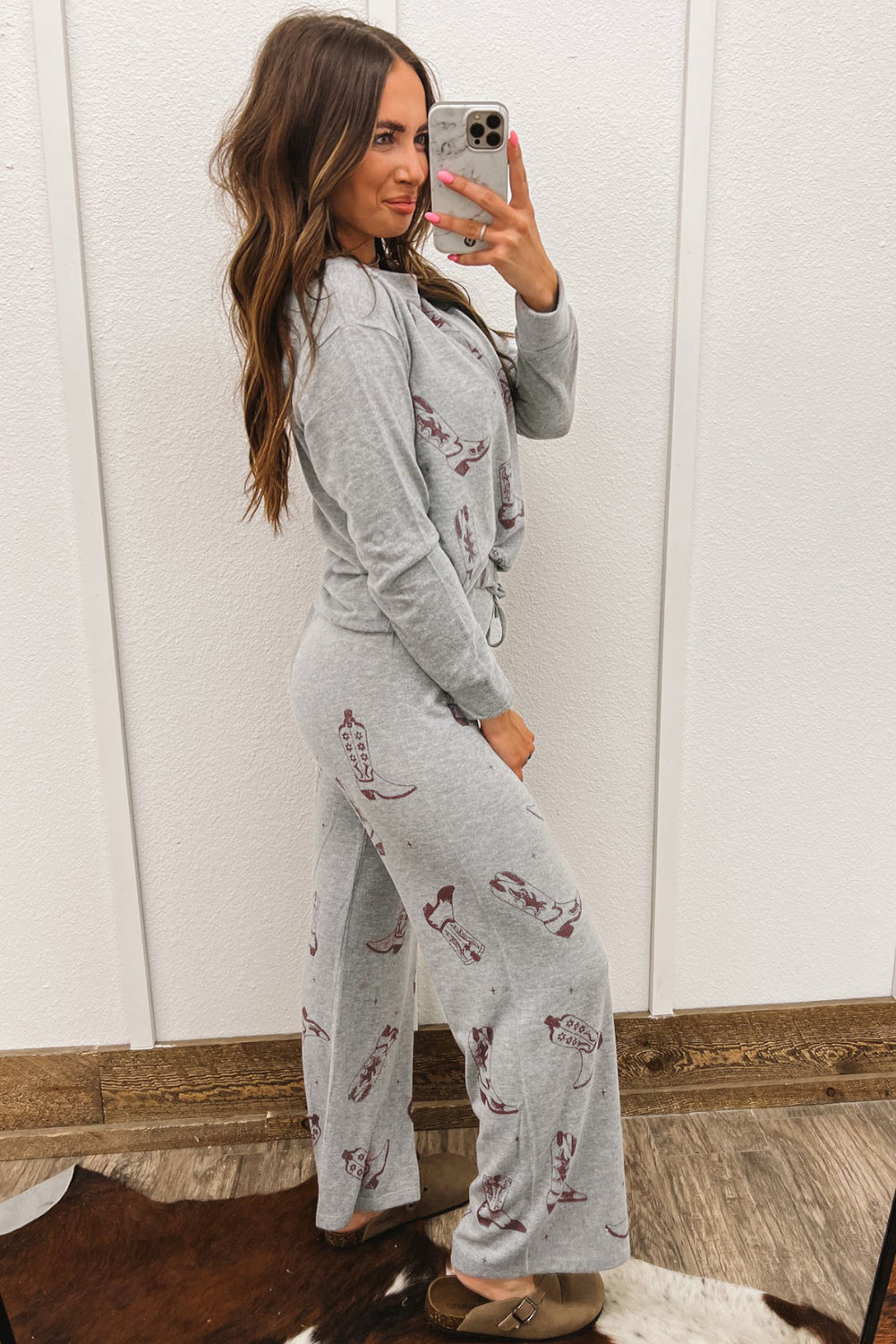 Gray Cowgirl Boots Printed Long Sleeve Top Pants Lounge Set-Chaelisa's New Jammies