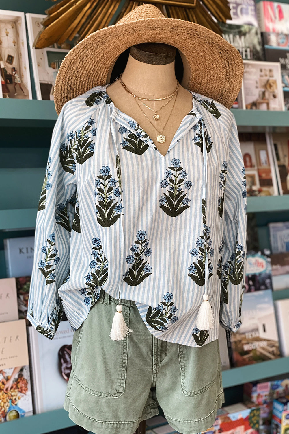 Beau Blue Striped Floral Printed Long Sleeve Tied V Neck Blouse-Chaelisa's New Jammies