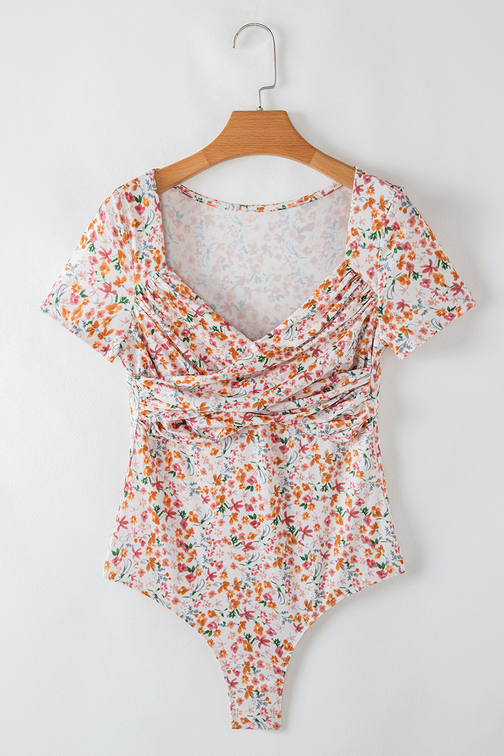 Orange Short Sleeve Floral Ruched Sweetheart Bodysuit-Chaelisa's New Jammies