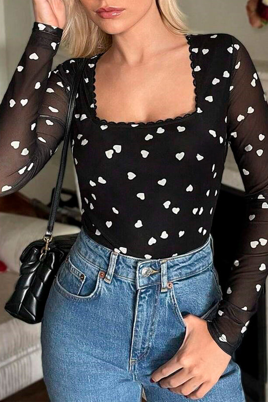 Black Heart Shape Mesh Patchwork Square Neck Bodysuit-Chaelisa's New Jammies