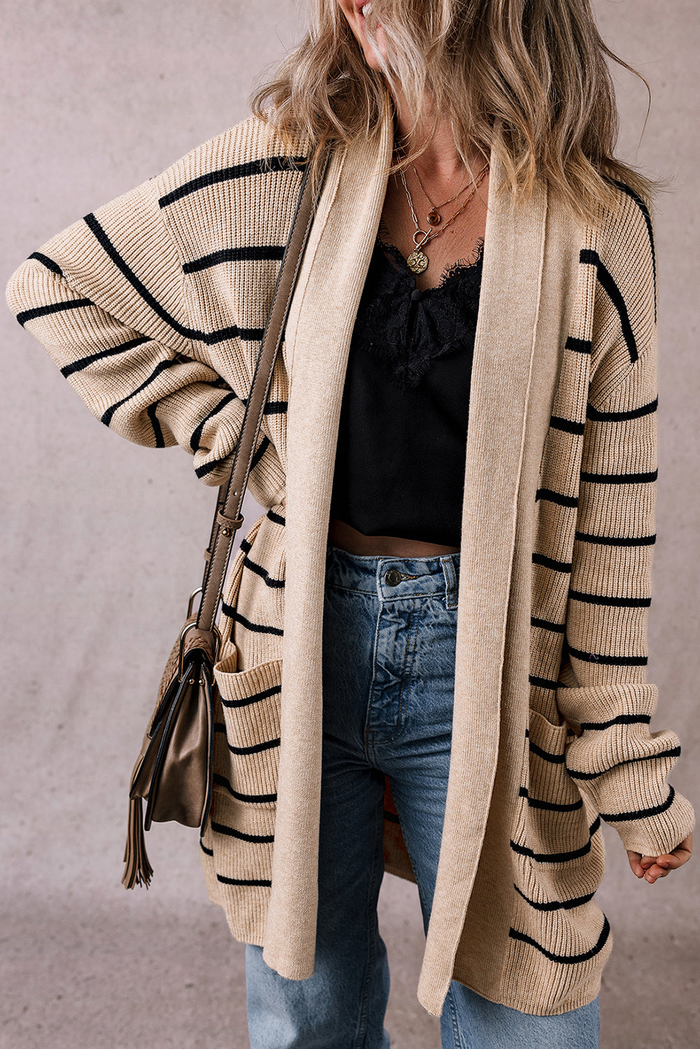 Black Stripe Shawl Neckline Open Cardigan with Pockets-Chaelisa's New Jammies