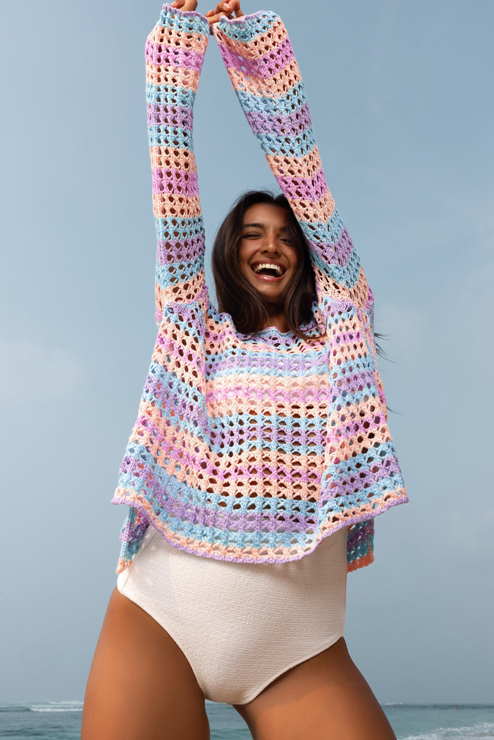 Purple Multi Stripe Open Knit Sweater Beach Cover Up-Chaelisa's New Jammies