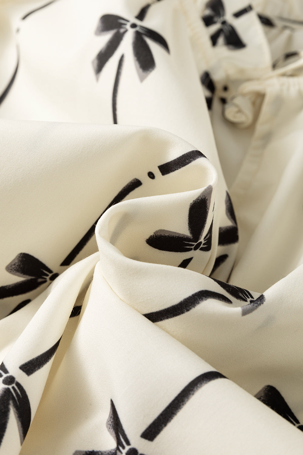 Beige Bow Printed Ruffled Bubble Sleeve Tied Notched V Neck Blouse-Chaelisa's New Jammies