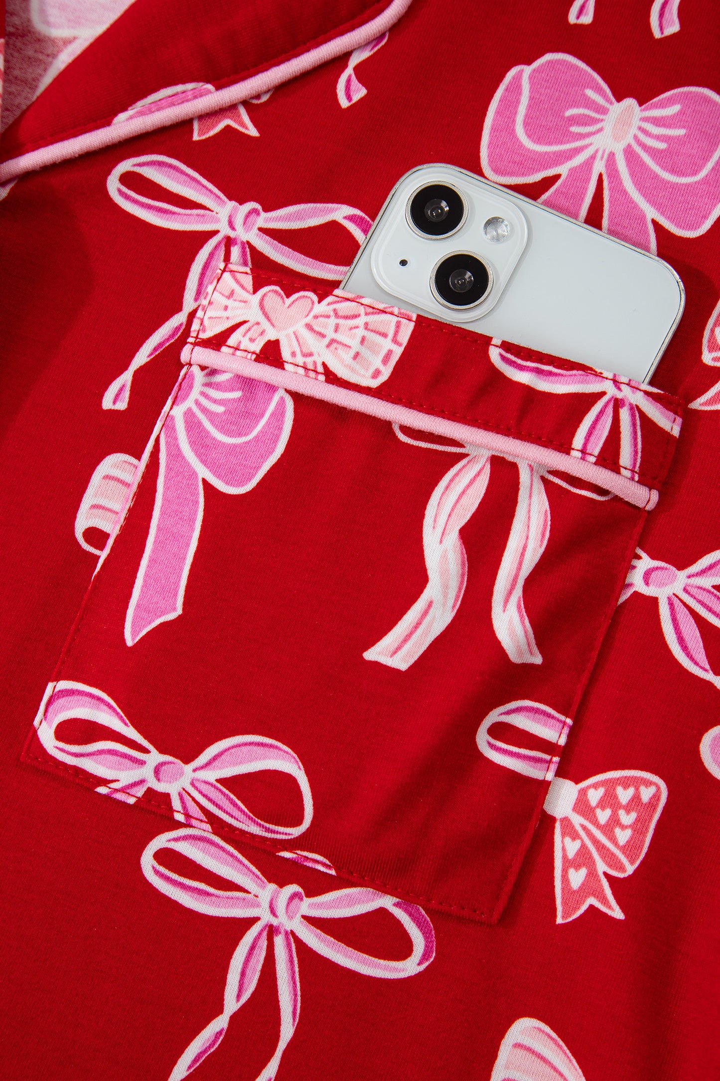 Red Sweet Bow Print Shirt Style Top Long 2pcs Pajama Set