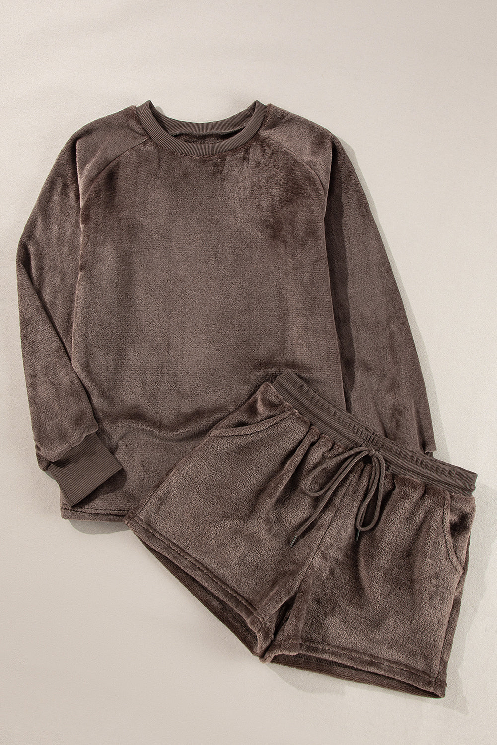 Coffee Solid Loose Fit Two Piece Fleece Lounge Set-Chaelisa's New Jammies
