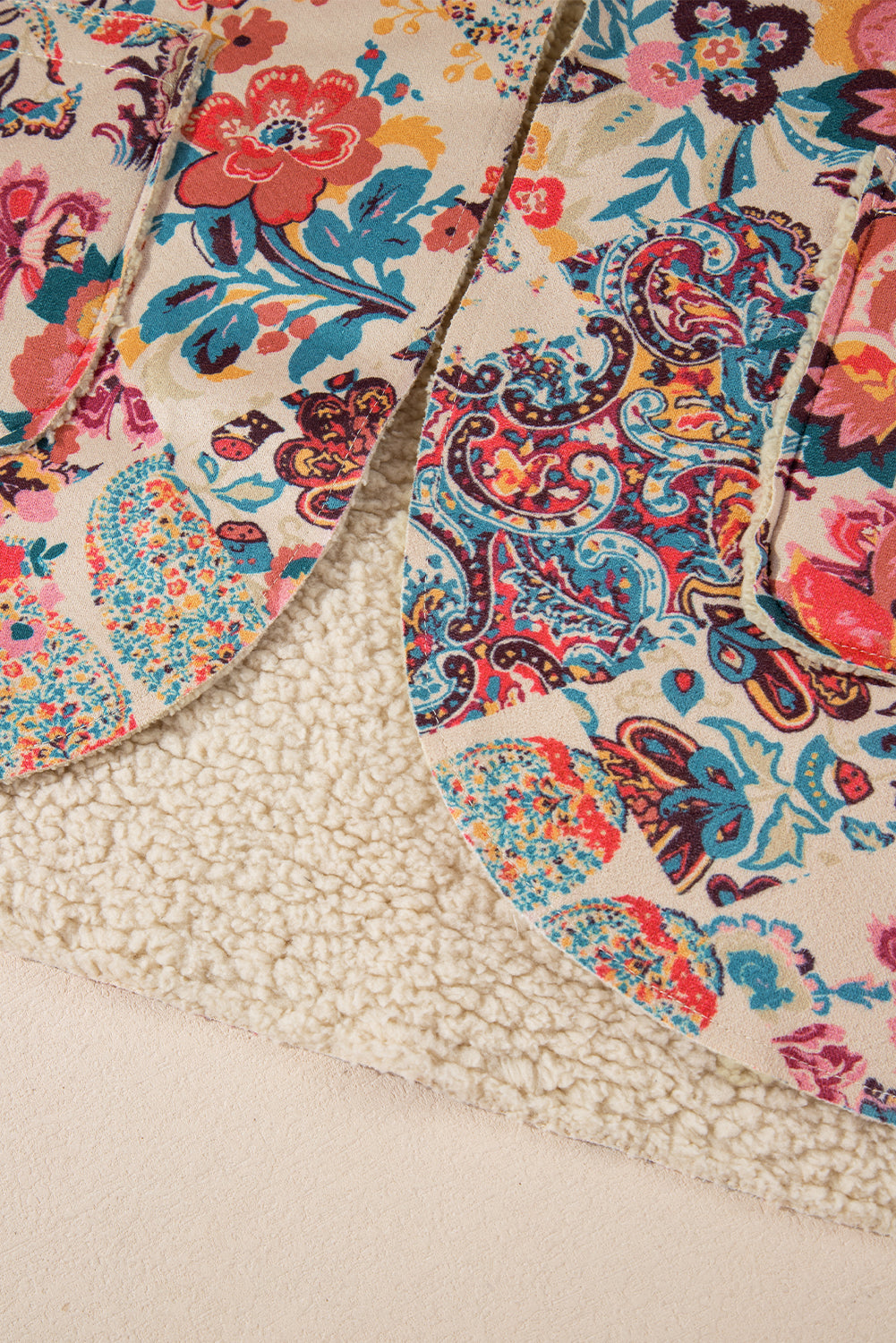 Beige Vintage Paisley Floral Printed Sherpa Lined Hooded Jacket-Chaelisa's New Jammies
