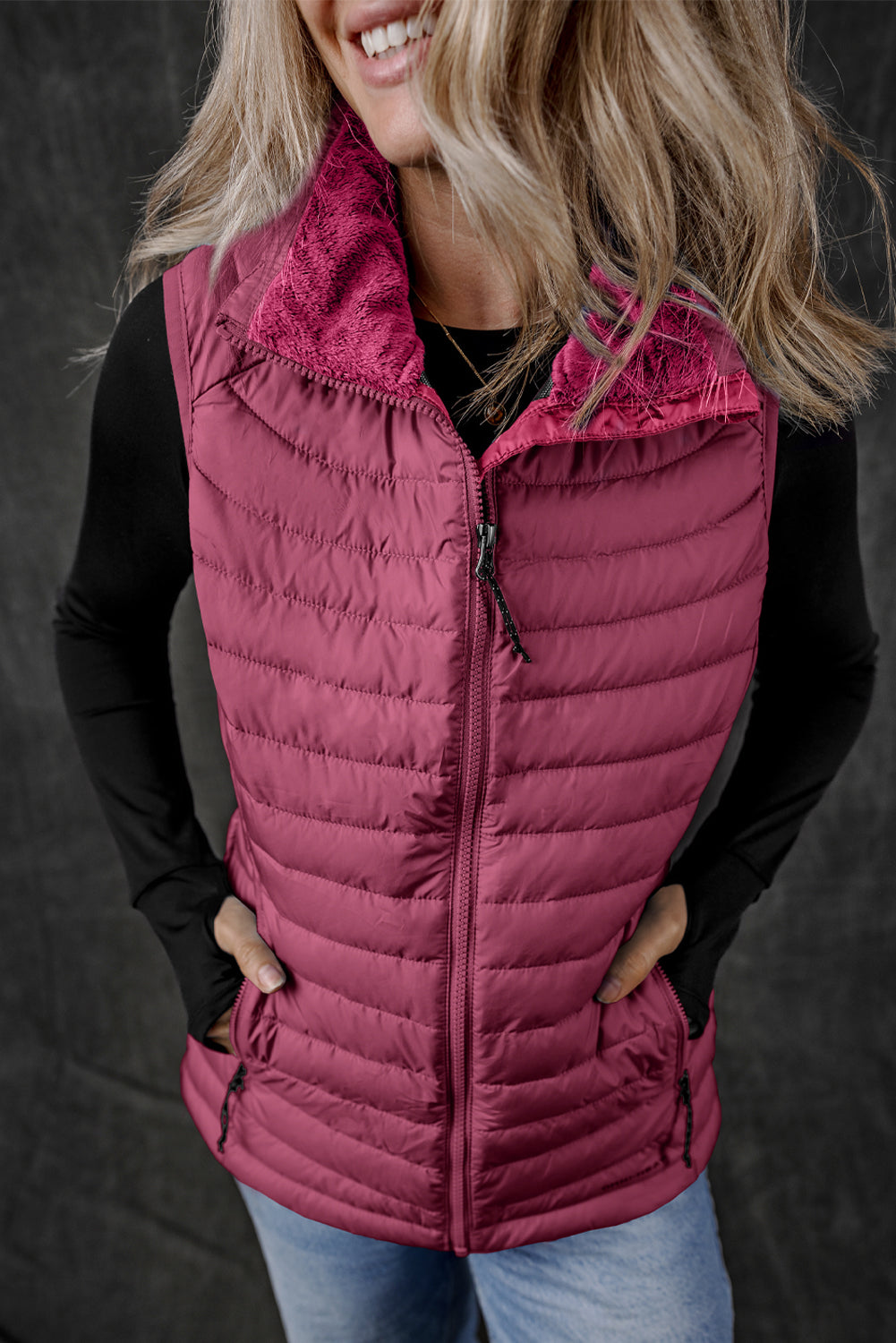 Burgundy Plush Collared Quilted Zipped Puffer Vest-Chaelisa's New Jammies