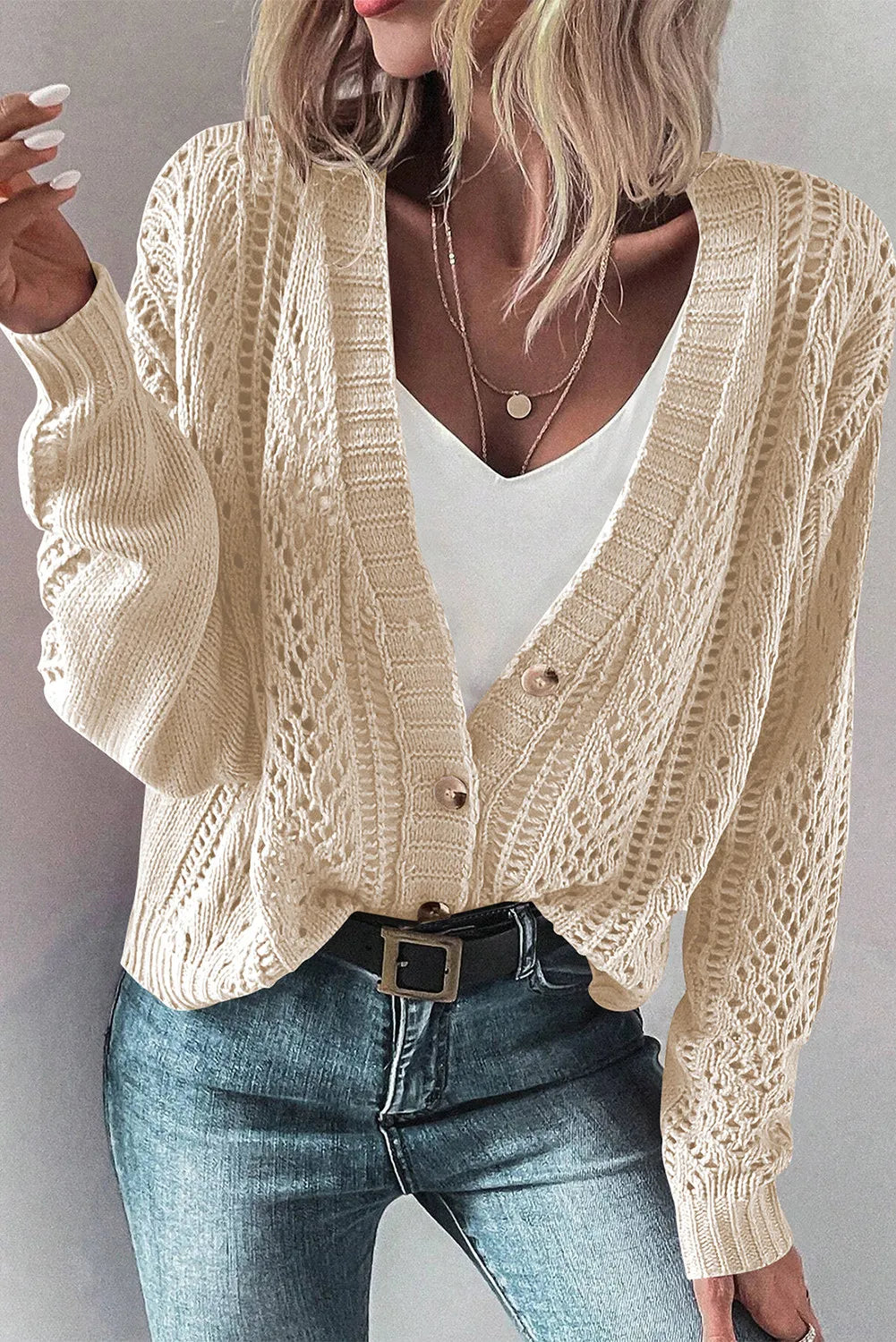 Openwork Button Up Long Sleeve Cardigan-Chaelisa's New Jammies